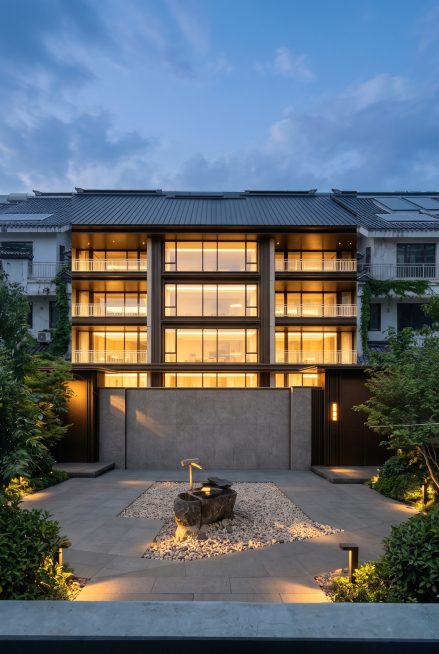 修复融合合成建筑，让生成的别墅和周围环境自然融合，消除拼接痕迹，整体画面风格统一，保持建筑和景观的原有设计风格，让整体光影自然协调预览效果