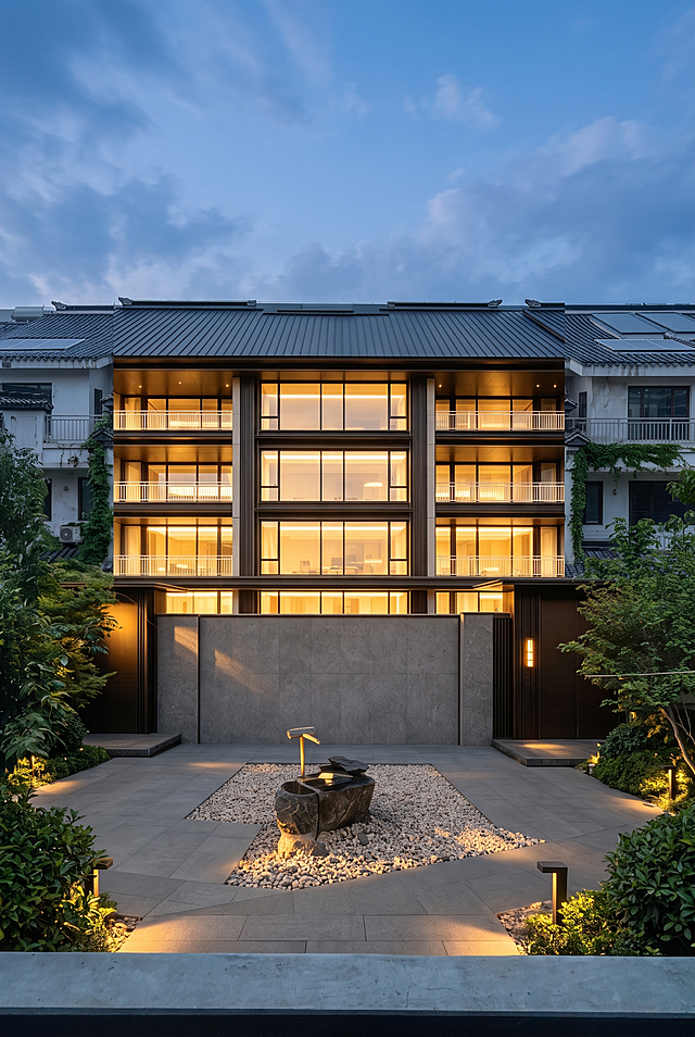 修复融合合成建筑，让生成的别墅和周围环境自然融合，消除拼接痕迹，整体画面风格统一，保持建筑和景观的原有设计风格，让整体光影自然协调