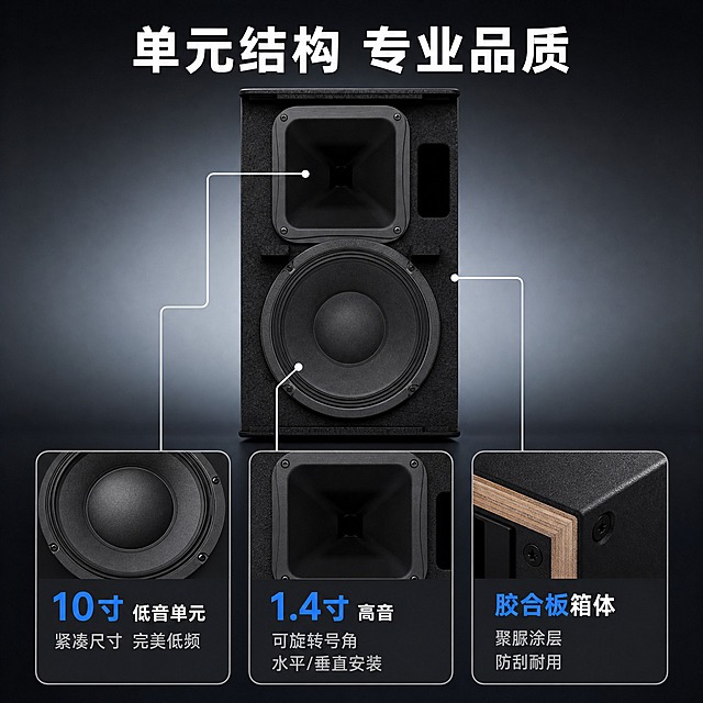[主图-3] 雅马哈 DHR10 两分频有源音箱 结构细节证据图 10寸低音+1.4寸高音+胶合板箱体。
[统一基调] 专业品质工业风 深灰渐变科技背景 白色主标题 银灰色辅助文字 雅马哈蓝作为强调色 无衬线粗体字体 圆角信息卡片 整体克制高级 突出专业音响质感。
[画面] 画面上方为雅马哈 DHR10 音箱去掉网罩的正面内部结构视图 清晰展示10寸低音单元和上方1.4寸高音号角 低音单元振膜质感真实 高音号角方形结构清晰 下方三个细节卡片横向排列 左侧卡片放大展示低音单元 标注"10寸低音单元 紧凑尺寸 完美低频" 中间卡片放大展示高音号角 标注"1.4寸高音 可旋转号角 水平/垂直安装" 右侧卡片展示箱体边角截面 标注"胶合板箱体 聚脲涂层 防刮耐用" 每个卡片有引线指向产品对应部位 背景深灰渐变。
[光影质感] 商业产品摄影质感 内部单元细节清晰 低音单元纸盆纹理可见 高音号角塑料质感真实 胶合板截面纹理细腻 聚脲涂层表面有颗粒感 光影从上方打下 层次丰富。
[配色] 背景深灰 产品黑色 引线和标注文字白色 重点数据雅马哈蓝色高亮。
[文字版式] 顶部主标题"单元结构 专业品质" 三个细节卡片在下方等距排列 卡片内上方为局部放大图 下方为文字说明 引线从卡片指向产品对应部位 文字清晰不重叠。
[输出要求] 比例1:1 结构细节清晰 文字标注准确 无变形 无错字 无水印 无平台Logo。
