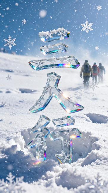 在雪地的尽头出现三个风雪中的人物背影，三人行的文字向下缩小预览效果