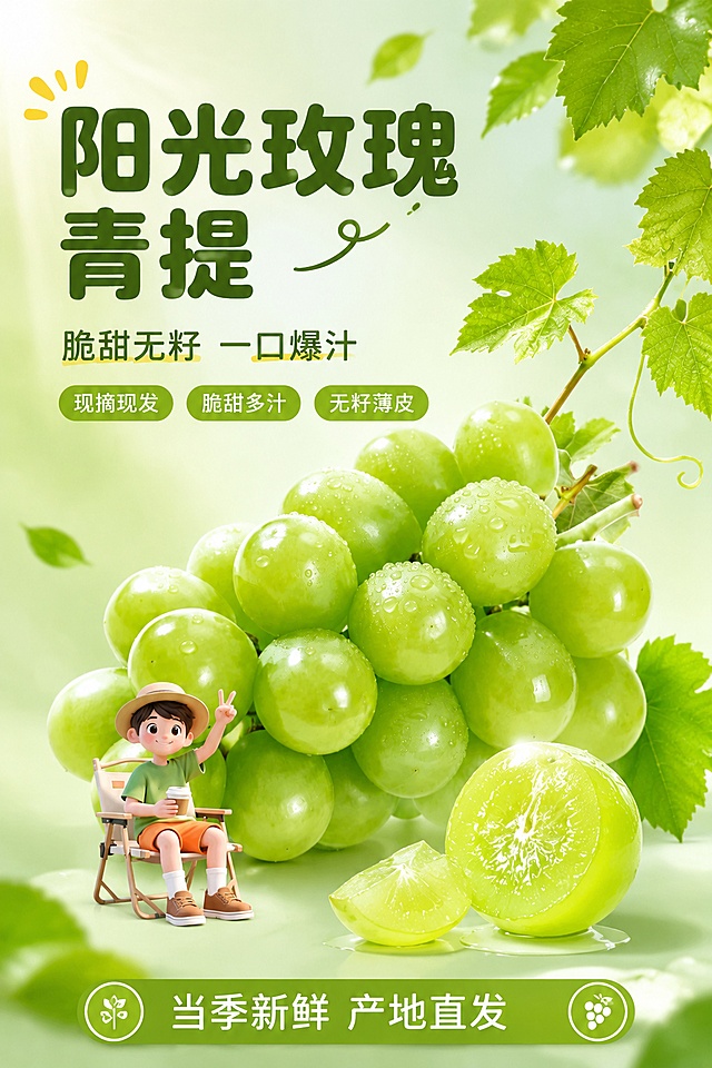 [第1屏] 详情页头图-阳光玫瑰青提主视觉海报。本屏使用【图1】作为商品主体，保留葡萄串、绿叶、水珠、卡通小男孩IP形象。
[氛围/风格] 清新治愈田园风，水润通透，商业摄影质感，3D卡通IP与真实水果结合的创意风格。
[元素布局] 阳光玫瑰青提大串置于画面中下偏右，占比约60%，果粒饱满翠绿带水珠；葡萄藤叶从右上延伸；左下角卡通小男孩戴草帽坐折叠椅比耶，手持咖啡杯；背景为淡绿色渐变，点缀阳光光斑、飘落的葡萄叶；前景有切开的青提果肉，晶莹剔透。产品颜色、形态、水珠质感与输入图一致。
[光影质感] 左上方柔和自然光，果粒表面高光通透，底部自然投影，整体明亮清新，水润感强。
[配色色系] 全局底色 #E8F5E9 淡青绿渐变；主色青提绿 #8BC34A；辅助色浅绿、米白、草帽棕；点缀色阳光黄。
[视角构图] 正面微仰视，葡萄串为视觉中心，阅读动线左上标题 → 中部葡萄 → 底部信息条。
[文字版式] 左上标题区，主标题「阳光玫瑰青提」圆润黑体大字，副标题「脆甜无籽 一口爆汁」稍小；标题下方3个圆角胶囊卖点「现摘现发」「脆甜多汁」「无籽薄皮」；底部横条信息区写「当季新鲜 产地直发」；字色深绿+白色，全套统一圆润黑体。
[比例分辨率] 2:3竖版比例，4K分辨率，文字清晰可辨，高清画质。
[负向提示词] 葡萄变形，颜色偏黄偏紫，水珠消失，小男孩变形，水印，文字错乱，背景杂乱，果粒干瘪。