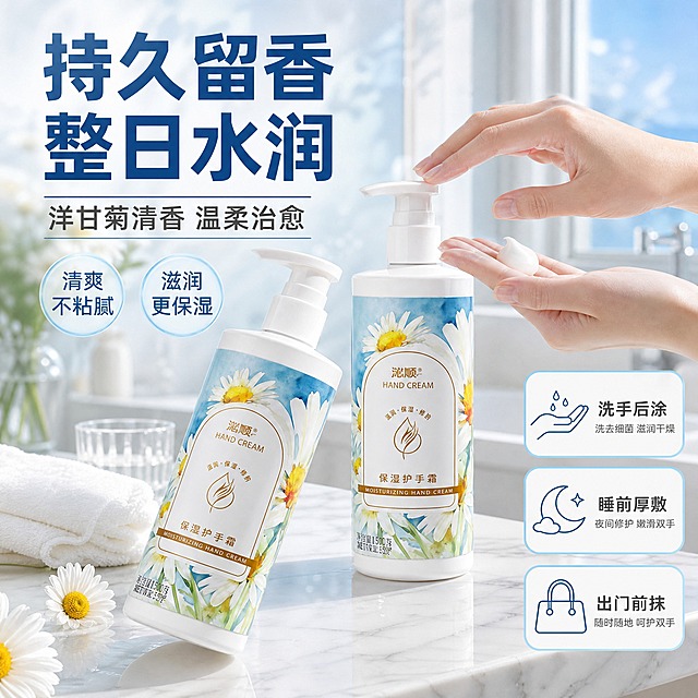 [主图-5] 凡士林护手霜 持久留香使用场景 日常护理卖点。
[统一基调] 拼多多风格，大字直白，大气通透水润清透；背景主色浅蓝渐变+白色水光感，标题字色深蓝加粗，辅助字色深灰，强调色天蓝色；字体为干净非衬线粗体，字号层级分明；卡片为圆角半透明白底配浅蓝描边。
[画面] 温馨浴室洗漱台场景，浅白色大理石台面上放着两瓶凡士林护手霜（按压泵瓶装，白色瓶身配蓝白雏菊图案标签，与输入图外观完全一致），产品占比约40%，一正一侧摆放；台面上还有白色毛巾、透明玻璃杯、几朵小雏菊装饰；背景是模糊的浴室环境，有柔和的水雾感和自然光从侧面照进来；画面一角有一只女性手正在按压泵头取护手霜的动作特写，手部自然优雅。
[光影质感] 自然光+柔光结合，光线从侧方窗户照入，台面有柔和光影，瓶身有自然高光和环境反射，整体温馨干净有生活气息，水润通透。
[配色] 主色白色+浅蓝+米白大理石纹，标题深蓝色，点缀小雏菊白色黄色，整体清新自然。
[文字版式] 左上角大标题深蓝色加粗"持久留香 整日水润"，副标题深灰色"洋甘菊清香 温柔治愈"；画面右下角有三个圆角小图标卡片竖排："洗手后涂""睡前厚敷""出门前抹"，分别对应不同使用时机。文字全部横排，不遮挡产品主体。
[输出要求] 1:1正方形，2K分辨率，文字清晰锐利，产品清晰不变形，手部自然真实无畸形手指，场景真实自然，无错字，无杂乱元素，无水印，无平台Logo。