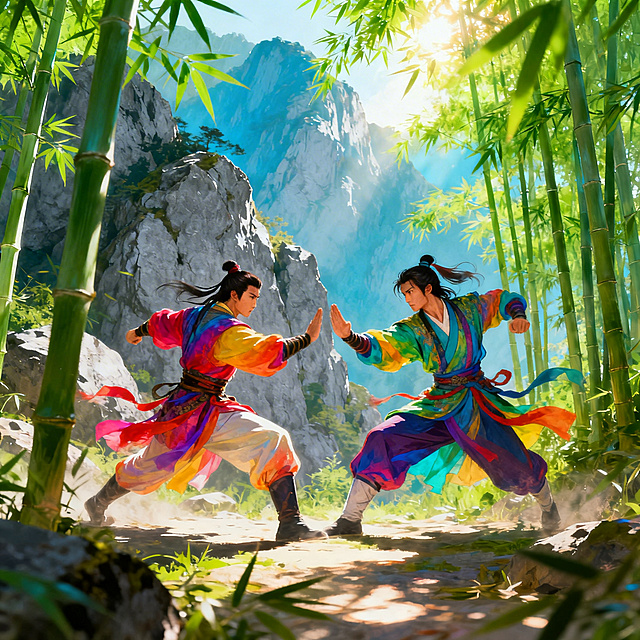 彩色古风武侠场景，两位身着彩色古装的大侠在山间竹林中比试武功，招式凌厉动作舒展，色彩鲜艳明快，气氛紧张刺激，充满江湖豪情
