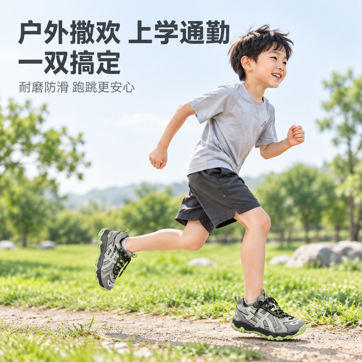 [主图-2 灰绿款] 使用场景图，小朋友穿灰绿款户外登山鞋在草… - 图片创意预览