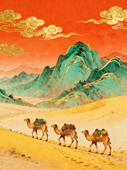 中国传统工笔重彩风格的丝路山水图，橙红色渐变背景点缀金色祥云纹，远处青绿色山峦层叠起伏并勾勒金色轮廓，近处黄沙古道上三只骆驼驮着彩色行囊列队前行，整体画面采用散点透视构图，色彩浓郁典雅，线条细腻流畅，营造出古朴悠远的丝绸之路意境。预览效果