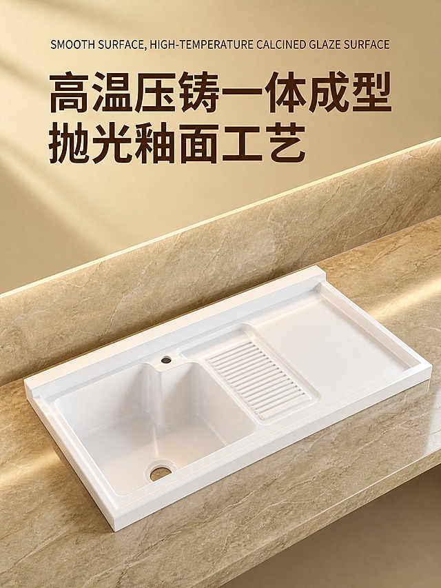 [产品锁死] 白色人造石英石洗衣盆（左盆右搓板款）100% 还原上传商品图的产品外形、结构、比例、颜色、材质质感，完整保留一体成型台面、搓衣板条纹、方形深盆、挡水边、下水孔、龙头孔位、石英石白色外观；以上传图为唯一商品主体来源，设计仅作用于背景、光影、道具、版式和文字区；商品主体占比约55%，文字不遮挡主体。
[版式骨架] 参考图1版式复刻：顶部英文小字副标题 + 大字号主标题（两行），中下部产品斜45度放置于大理石台面上，背景为暖米色大理石墙面，整体上文下图结构，左上标题区留白，右下产品区为视觉焦点。
[色调体系] 暖米黄色调 + 米白大理石纹理 + 深棕色主标题字，整体温暖轻奢高级感；光影为左前侧暖柔光，产品表面有自然高光和柔和投影，大理石台面有纹理反光。
[顶栏/副标题]：画面顶部居中英文小字"SMOOTH SURFACE, HIGH-TEMPERATURE CALCINED GLAZE SURFACE"，深棕色细体字。
[主标题区]：画面上半部居中偏左，两行深棕色粗体大字，第一行"高温压铸一体成型"，第二行"抛光釉面工艺"，字号最大，视觉冲击力强。
[产品区]：白色石英石洗衣盆（左盆右搓板款）斜45度角放置于米黄色大理石台面上，台面后方有同材质大理石挡水墙面，产品从左下向右上延伸，盆体内部干净有光泽，搓衣板纹理清晰，边缘线条利落，底部有自然柔和的投影。
[装饰]：暖调光影氛围，大理石台面有自然的纹理和光影变化，墙面有柔和的渐变光影，整体干净高级，无多余装饰元素。
[画面整洁，品牌文字与logo仅使用用户授权内容]
[画面中所有信息区域必须填充完整合理的内容，不得出现空白框、空白占位、横线待填写区域]
[宽高比 3:4竖版，2K]