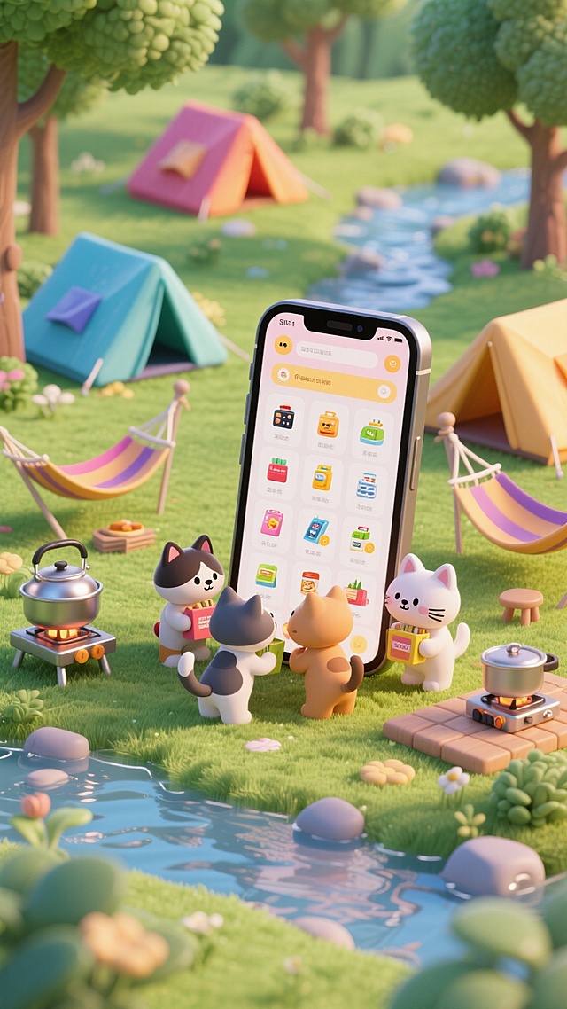 全景视角，户外露营，小猫小狗在用手机购物。画面中心巨大的手机屏幕显示着各式各样的商品，周围有帐篷、吊床、炊具、小溪、树木。背景是户外公园