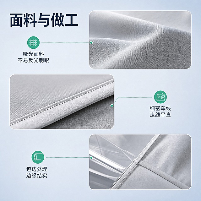 [主图-8] 加大加宽一体式电动车骑行雨衣 · 面料与做工微距细节图。
[统一基调] 高级户外编辑风，浅雾蓝灰渐变背景（#E9EEF5 至 #C9D5E3）；主标题字色深墨蓝 #17273B，辅助字色中灰蓝 #5B6B80，强调色冷绿 #2E9E86；主标题与说明文字统一使用无衬线黑体（思源黑体），标题加粗，说明文字同款字体常规字重且字号比主标题小 50% 以上；信息卡为细线描边圆角样式、浅半透明底，不用厚重色块底板与通栏边框；全套保持同一标题区位置与留白方向。
[画面] 静物微距构图，画面由左上到右下排布三个不同大小的圆角局部特写：一、浅灰色雨衣面料表层肌理与折痕，可见细腻织物纹理与哑光质感；二、下摆包边与车线针脚，走线平直均匀，边缘厚实；三、透明前视窗与面料拼接处，透明度自然、压边平整。三个局部框之间留出呼吸空间，引线不交叉；画面不出人物与车辆。保持雨衣外观、材质、颜色与输入产品图一致。
[光影质感] 微距硬柔结合的布光，强调面料纤维细节与针脚起伏，浅凹陷处有柔和阴影，画面干净专业。
[配色] 沿用浅雾蓝灰主色，冷绿仅用于图标与细线。
[文字版式] 左上空位放主标题"面料与做工"，三处说明分别为 "细密车线 走线平直"、"包边处理 边缘结实"、"哑光面料 不易反光刺眼"。文字放不下就换行，不拉伸压扁。
[输出要求] 1:1 正方形，文字清晰无错字，细节锐利真实；负向：错字、模糊、杂乱、水印、平台 Logo、粗糙噪点、塑料假质感。
