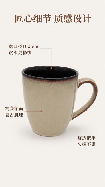[第3屏] 结构细节解析屏，用引线标注展示马克杯核心结构优势。本屏使用【图1】https://1.jpg作为产品主体，保持产品外观结构颜色与原图一致。
[氛围/风格] 专业解析风格，简约清晰，突出产品预览效果