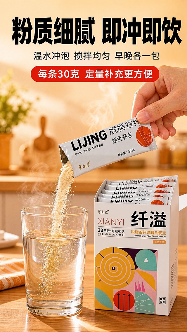 [商品] 使用【图6独立条装】【图5纤溢小盒】；条装包装外观、文字、颜色严格保持原样，比例不变形。
[画面] 质地与冲调动作展示页，动作瞬间型。画面中央展示一只手（亚洲女性手部）正在撕开一条膳食餐宝独立包装，粉末从包装中缓缓倒入下方透明玻璃杯中，杯中已有温水，水面有轻微波纹。旁边放一个打开的纤溢小盒，盒内整齐排列着条装。背景有柔和的厨房场景虚化，有蒸汽升腾效果表现温热。
[视觉] 套系策略：风格=拼多多大字报风格 接地气 高性价比感；标题字=粗黑大字 厚重醒目；正文字=清晰黑体 移动端可读；主色=暖橙色；背景延展=暖米到浅棕渐变 厨房暖光氛围；强调色=橙红色 仅用于标签和重点数字；标题色=黑色粗体；正文色=深灰色；组件=圆角胶囊标签；光影=暖调侧光 粉末有颗粒光泽 杯壁有微光。
[文字] 顶部大标题："粉质细腻 即冲即饮"，副标题："温水冲泡 搅拌均匀 早晚各一包"，下方加红底白字标签："每条30克 定量补充更方便"，全部文字横排，不遮挡手部和冲调动效。
[规格] 图片比例9:16竖版，2K，避免变形、错字、文字过小、医疗功效暗示、绝对化用语、手部畸形。
