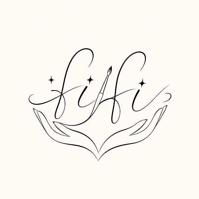 黑色字体，米白色背景，干净的背景，创意手写体字体设计四个字"fifi"，整体融合为一个图形logo构图，将字体进行大幅度抽象变形。严格参考上传的logo风格，保留双手托举造型，将美甲笔刷元素自然融入fifi字体设计中，整体为简约连续流畅的黑色细线线条造型，搭配四角星形装饰点缀，笔画纤细舒展，融合流畅曲线与简约图形元素，整体风格现代简约优雅，适合作为美甲品牌logo。画面中只能出现这四个字母："f"、"i"、"f"、"i"，不得增加、遗漏或替换任何一个字。文字整体必须完整呈现在画面内不可被裁切，四周留有安全边距。比例1:1