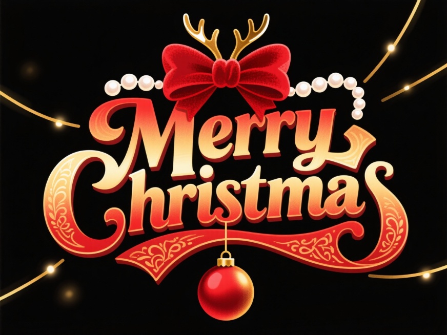 “Merry Christmas” 艺术字是红金渐变（红底鎏金），字边有复古花纹浮雕，立体边缘泛着暖光；字上方搭着酒红丝绒蝴蝶结（缀珍珠），穿插着金色小鹿角，下方挂着哑光红、鎏金圣诞球（带丝带）；背景预览效果