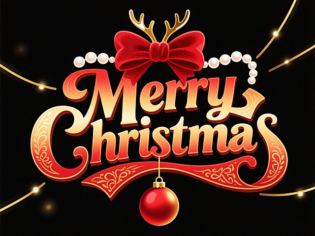 “Merry Christmas” 艺术字是红金渐变（红底鎏金），字边有复古花纹浮雕，立体边缘泛着暖光；字上方搭着酒红丝绒蝴蝶结（缀珍珠），穿插着金色小鹿角，下方挂着哑光红、鎏金圣诞球（带丝带）；背景是纯黑，仅用几缕金色光丝点缀，复古华贵感拉满。