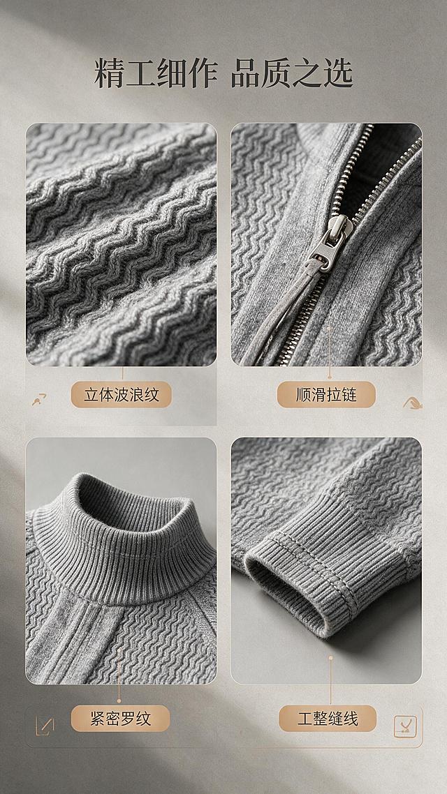[商品] 使用【图1】男士灰色半高领拉链针织开衫；商品处理：保留半高领、双头拉链、插肩袖、波浪纹针织肌理、罗纹收边、灰色调、整体版型和结构；重点放大面料纹理、拉链五金、领口缝线细节，增强质感表现，不改变材质和颜色。
[画面] 目标：面料工艺细节页，微距展示针织纹理、拉链五金、领口袖口做工。构图：2×2宫格布局，四个细节特写分别展示：左上波浪纹针织肌理微距、右上拉链五金细节、左下领口罗纹收边、右下袖口缝线工艺。每格下方配短标签。背景为暖灰色哑光质感，整体精致高级。
[视觉] 套系策略：风格=高级轻熟男装商业摄影；标题字=现代简约无衬线粗体；正文字=简洁无衬线体；主色=高级灰；背景延展=基于暖灰色做深浅层级渐变、细腻织物/哑光纸张质感；强调色=暖驼色，仅用于小面积图标、引线和标签；标题色=深炭灰；正文色=中暖灰；组件=圆角浅灰信息卡、细线引线、极简图标；光影=左前侧暖柔光，右侧柔和轮廓光。
[文字] 顶部主标题「精工细作 品质之选」，宫格每图下方对应短标签：立体波浪纹、顺滑拉链、紧密罗纹、工整缝线。文字横向排版，字号适中，手机端清晰可读。
[规格] 图片比例9:16竖版，2K分辨率，避免变形、错字、文字过小、冷蓝背景、面料质感失真。
