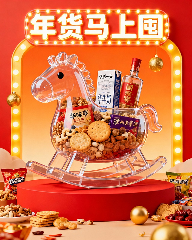 年货节主题海报，主体是一个胖胖的透明的 “摇摇马” 容器，里面被多个图中主体填满，背景是红橙渐变的明亮橙红调，搭配灯带、金色装饰球，底部是红色展台，展台旁是散落的各种零食，营造出热闹的年货促销感。海报上方有灯牌写着 “年货马上囤”，整体呈现可爱喜庆写实风。