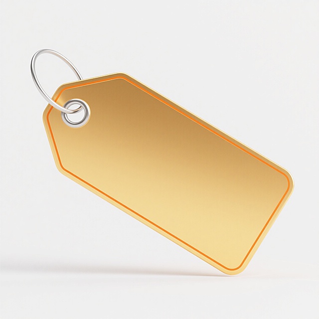 一个金色的电商促销标签，标签整体呈长方形，边缘有一圈橙色的描边，表面有细腻的渐变光泽，左上角有一个银色的圆形挂环，标签悬浮在纯白色背景上，具有简洁的设计感和清晰的视觉层级，适合用于电商促销活动的信息展示。