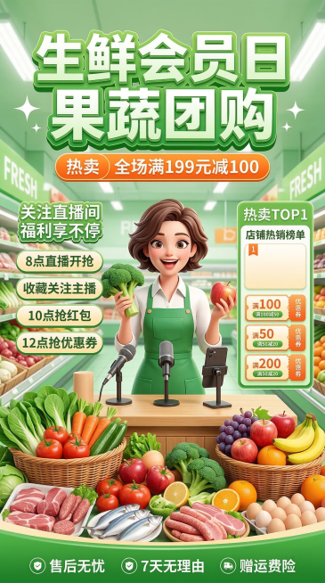 生鲜会员日果蔬团购直播竖版海报，鲜活绿色3D风格，主视觉是生鲜超市背景，前景摆满新鲜果蔬、肉类、蛋类等食材，中央是主播形象。顶部绿白立体字"生鲜会员日 果蔬团购"，下方橙色横幅标注"热卖 全场满199预览效果