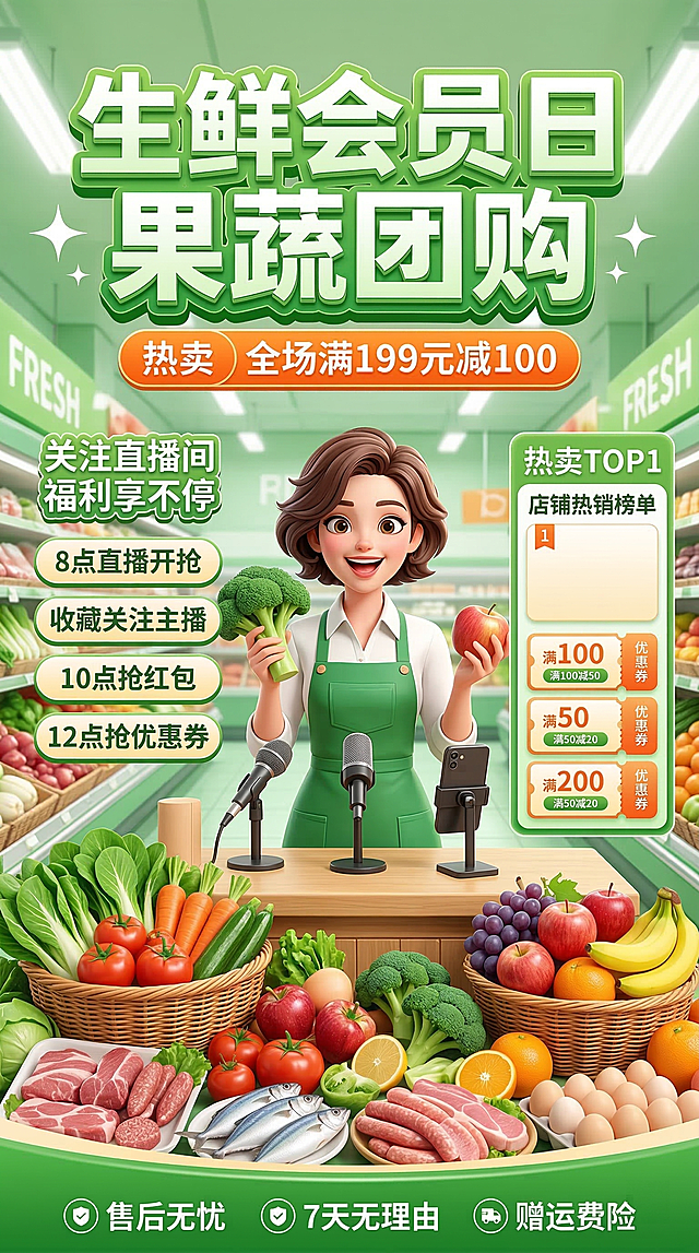生鲜会员日果蔬团购直播竖版海报，鲜活绿色3D风格，主视觉是生鲜超市背景，前景摆满新鲜果蔬、肉类、蛋类等食材，中央是主播形象。顶部绿白立体字"生鲜会员日 果蔬团购"，下方橙色横幅标注"热卖 全场满199元减100"。左侧列有直播福利："关注直播间 福利享不停""8点直播开抢""收藏关注主播""10点抢红包""12点抢优惠券"；右侧标注"热卖TOP1""店铺热销榜单"及多张优惠券信息。底部绿色栏标注"售后无忧""7天无理由""赠运费险"。整体氛围热闹鲜活，传递生鲜团购的实惠与便捷。