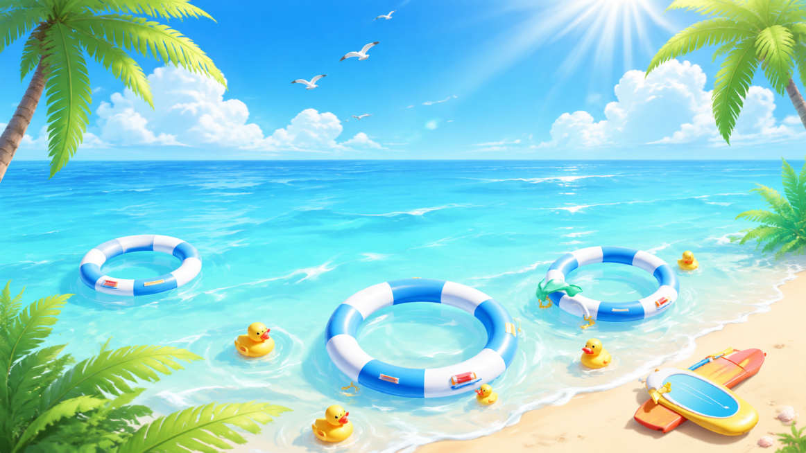 参考这张图片生成夏日海滩清凉背景，保留游泳圈小黄鸭椰树的夏日元素预览效果