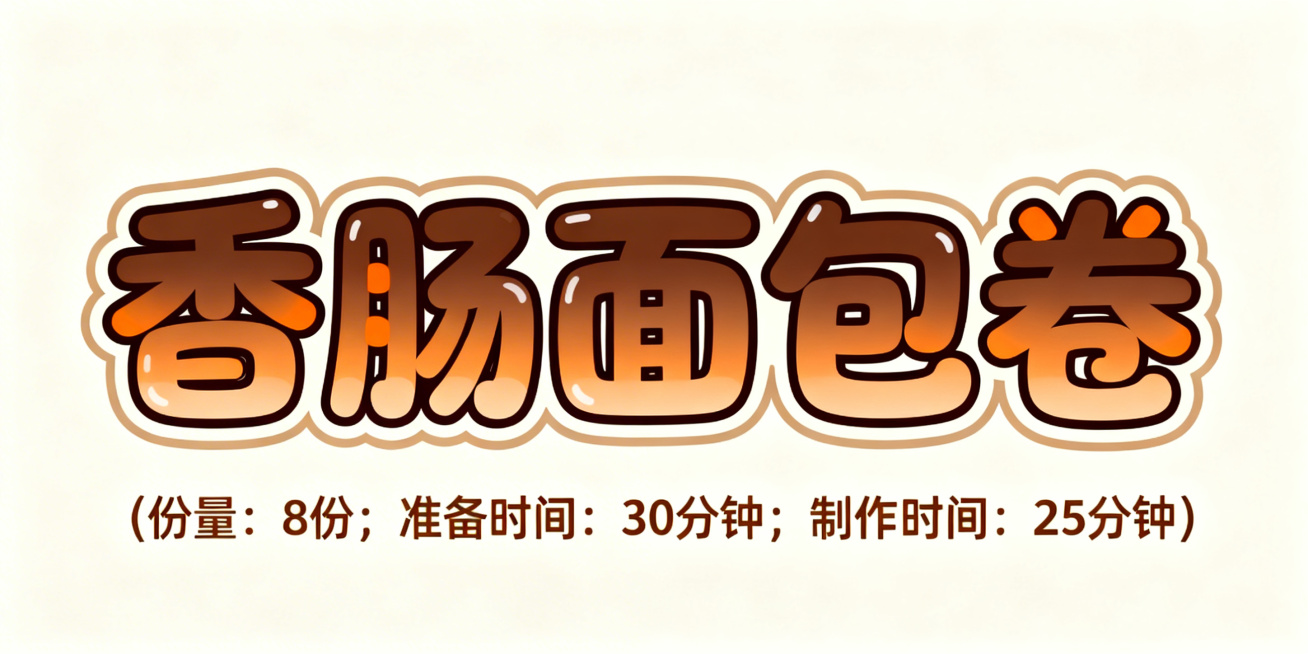 活泼可爱风格艺术字，第一排是"香肠面包卷"，字体圆润饱满，采用深麦棕渐变搭配浅橙色装饰，边缘加浅棕色描边，色彩温暖柔和；第二排小字是"(份量：8份；准备时间: 30分钟；制作时间: 25分钟)"，字体预览效果