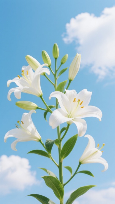 一张以纯净白色百合花为主体的摄影风格背景图片，几朵盛开的百合花与多个含苞待放的花骨朵生长在绿色花茎上，花瓣边缘自然舒展，黄色花蕊清晰可见，叶片呈现鲜亮的绿色并带有自然纹理。背景是明亮通透的浅蓝色天空，点缀着几朵形态自然的白色云朵，整体画面采用从下往上的仰拍角度，光线明亮柔和，营造出清新、自然、纯净的氛围，色彩鲜明且和谐统一，具有极高的清晰度和真实的细节质感，适合作为简洁而富有生机的背景使用。预览效果