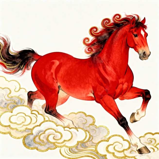 生成四组骏马的素材，比如昂首奔腾，鬃毛飞扬，马蹄踏祥云等形态均可，色彩鲜艳饱和，中国传统工笔重彩，金色勾边，无背景，透明PNG，高分辨率，细节精致，符合2026年马年新年氛围预览效果