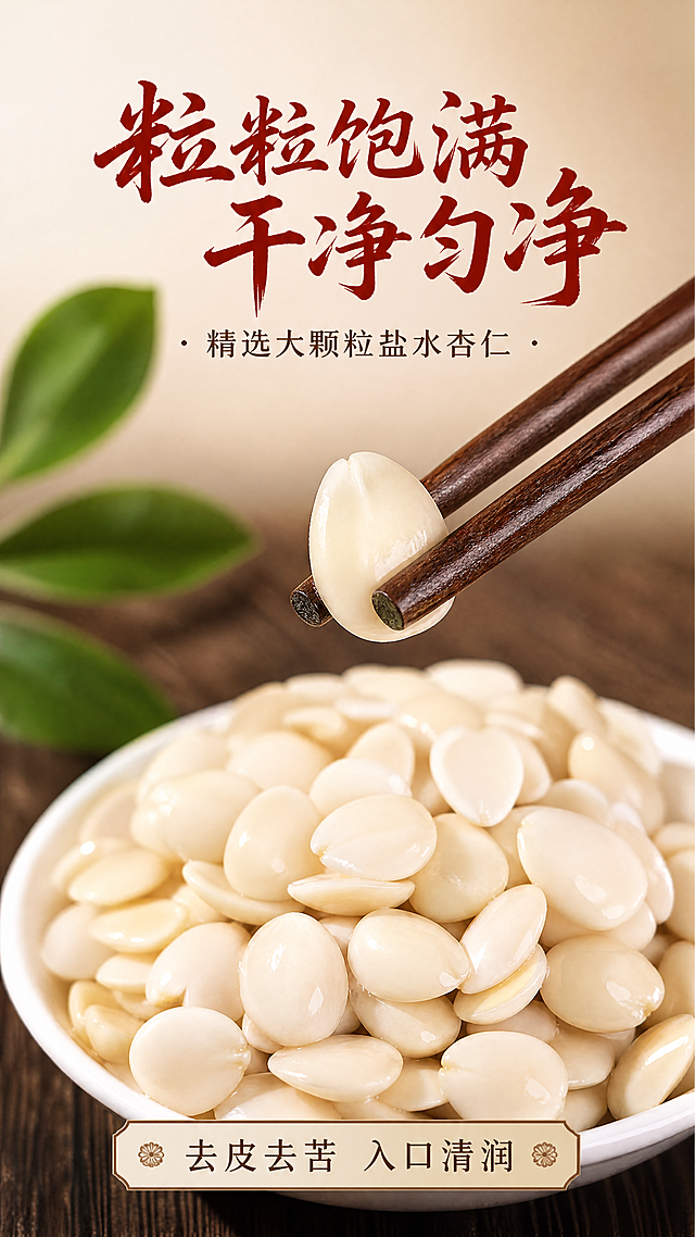 [第3屏] 产品颗粒质感特写屏，展示盐水杏仁饱满干净质地。微距特写食欲感，温润通透商业摄影。使用【图2】核心画面，筷子夹着一粒杏仁在视觉中心，下方是满碗杏仁，保持杏仁奶白色泽与水润质地。深棕木桌背景，左侧点缀绿叶。侧光突出质感，全局浅米底色，红色书法标题，棕色正文。标题「粒粒饱满 干净匀净」，底部标注「去皮去苦 入口清润」。9:16竖版，4K分辨率。负向提示：颗粒变形，颜色偏黄，文字遮挡主体。