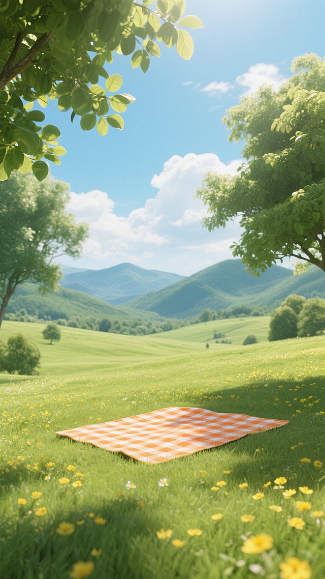 超写实3D渲染风格的夏日户外风景，明亮通透的光线从茂密的树叶间隙洒落，形成斑驳光影效果，广阔的绿色草原上点缀着黄色小花，一条橙色与白色相间的格子野餐毯铺在草地上，远处是连绵起伏的青山和蓝天白云，整体色调清新明快，充满宁静惬意的氛围，视角为低角度仰拍，展现开阔的自然景观。
