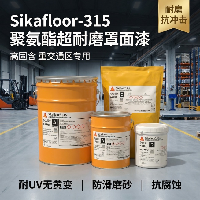 [垫图]用户上传的Sikafloor-315聚氨酯超耐磨罩面漆产品图
[主图主题]Sikafloor-315聚氨酯超耐磨罩面漆首图
[氛围/风格]硬核工业风，硬光高对比，专业质感
[画面元素]四组Si预览效果