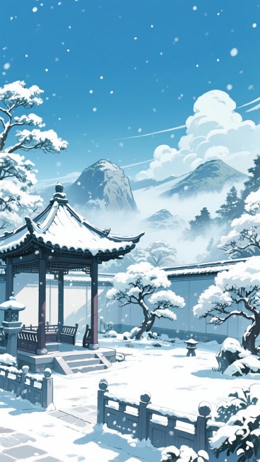二次元古风，下雪，庭院，亭子，围栏，树，远山，雾气，云，浅蓝色，正面大全景，细节丰富，元素多样，9:16,不要人物，生成2张预览效果