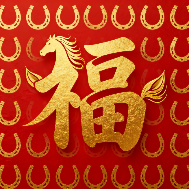 春节马年主题，红底配金色马蹄纹，福字的竖笔画设计为飘逸马尾巴，融入马耳元素，金色福字潇洒灵动预览效果
