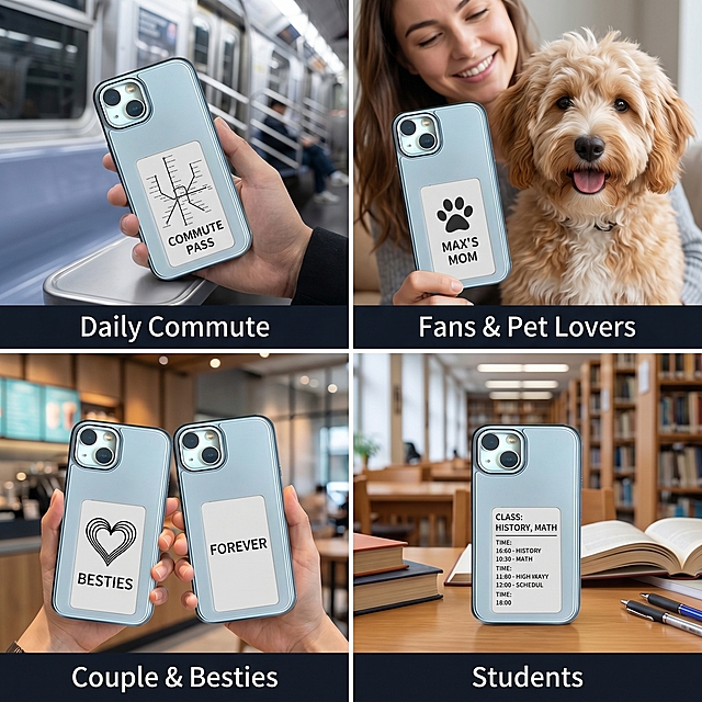 [Usage Scenarios Module] Showcase 4 usage scenarios in 1:1 grid, each scenario uses a completely different unique e-ink display pattern on phone case back, all different from each other and from other generated images. All text keep English, other requirements unchanged: four scenarios daily commute, fans & pet lovers, couple & besties, students, keep phone case appearance consistent with original image, clean lighting, clear layout. Negative prompt: deformation, watermark, distorted text, blurry product, cluttered background, repeated patterns.