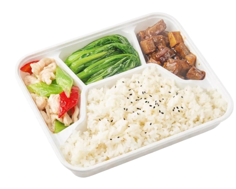 将图片中的黑色餐盒替换为白色塑料餐盒，其他内容保持不变预览效果