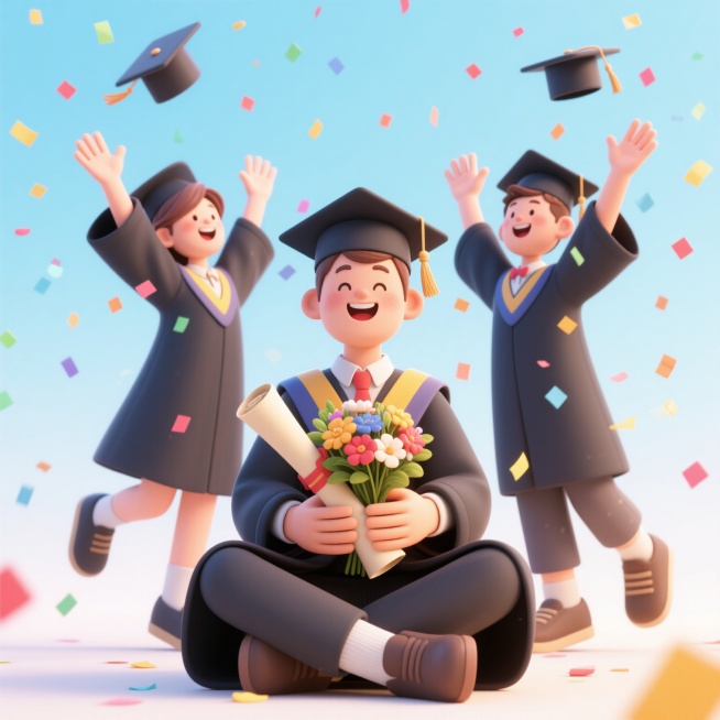 软3d风格插画，画面中有三个穿着毕业服装的人，其中一人盘腿坐着，双手捧着一束花和一个卷轴，另外两人站立着举起双手，三个人的毕业帽都向上飞起，周围有彩色的纸屑飘落，整体色调明快，充满欢快明亮的氛围，人物表情开心，动作活泼，构图饱满，细节丰富，具有很强的视觉吸引力和感染力。预览效果