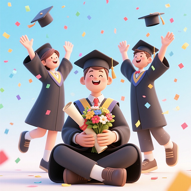软3d风格插画，画面中有三个穿着毕业服装的人，其中一人盘腿坐着，双手捧着一束花和一个卷轴，另外两人站立着举起双手，三个人的毕业帽都向上飞起，周围有彩色的纸屑飘落，整体色调明快，充满欢快明亮的氛围，人物表情开心，动作活泼，构图饱满，细节丰富，具有很强的视觉吸引力和感染力。