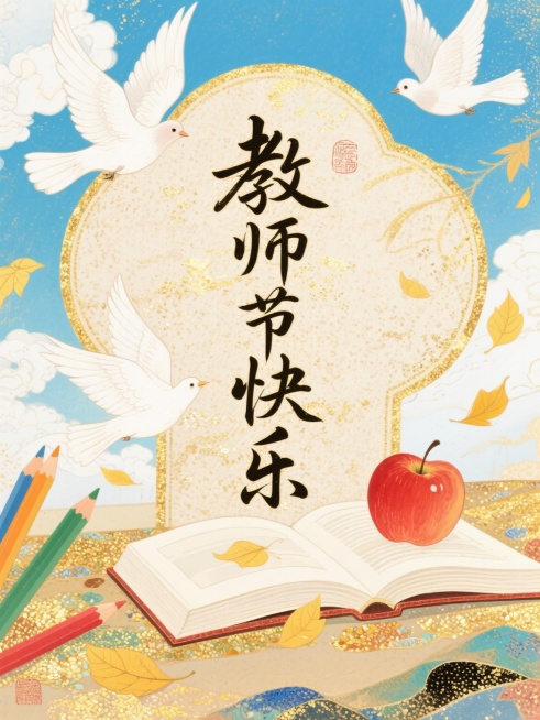 中央是手写花体字“教师节快乐”，周围环绕着飞翔的白鸽、打开的书本、红色苹果、彩色铅笔和飘落的黄色叶子，背景为蓝天白云，整体风格清新明亮预览效果