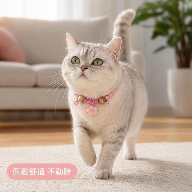[主图-4] 粉色香樟木宠物项圈使用效果场景主图。
[氛围风格] 温馨居家生活感，自然真实。
[画质] 商业摄影质感、光线柔和通透、宠物和产品清晰真实。
[元素] 一只粉色英短猫咪自由行走在客厅浅色地预览效果