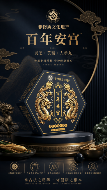 为百年安宫灵芝黄精人参丸生成产品宣传海报，不要红色，保留产品包装的金色双龙和文字元素，用大气高级的配色预览效果