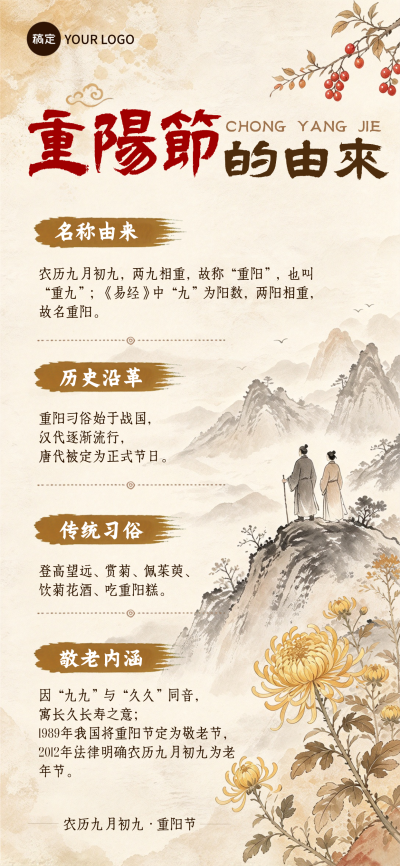 重阳节由来科普知识国风长图。画面展示重阳节名称、历史、习俗及敬老内涵，采用水墨山水与菊花点缀的国风插画风格，适合文化节日宣传或教育使用。