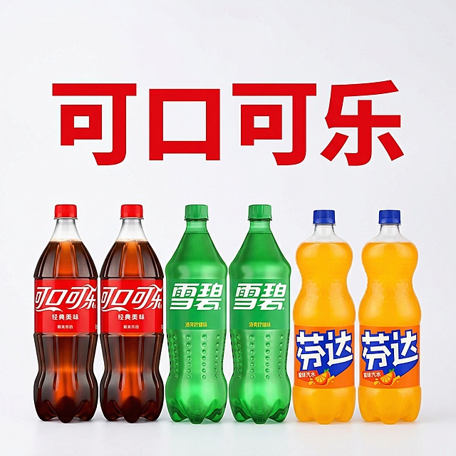 生成一张800*800比例的电商主图，包含2瓶可乐，2瓶雪碧，2瓶芬达，参考提供的图片样式，在画面显眼位置加上文字“可口可乐”，背景干净简洁，适合做商品主图
