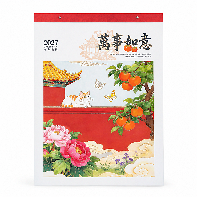 产品精修, 产品置于纯白背景上, 专业商业棚拍光, 5500K标准中性白光, 轮廓光, 体积光, 曝光正确, 强烈真实立体感, 提亮黑色/深色区域的结构层次, 拉开明暗过渡, 恢复部件边界、接缝、转折面和厚度关系, 避免一片死黑但保持原图深色属性, 接地处保留干净浅淡的自然接触阴影, 严禁大片投影、脏灰阴影和悬浮感, 主体居中, 商品完整入画不裁切, 商品外轮廓视觉体量约画面60%-80%, 四边均匀留白约10%-20%, 严禁满幅铺满与贴边顶满, 极致超清画质, 细节清晰锐利, 4K分辨率, 商业级实拍质感, 保留原图真实材质与结构细节, 明显提升商品表面洁净度, 清理灰尘、污渍、指纹、油污、胶痕和霉点, 让表面从脏旧发闷变为干净可售卖状态, 修复划痕、磨损、掉漆、飞边毛刺和使用旧痕, 翻新为干净商业新品感, 提升商品洁净度和商业新品感, 清除旧痕、灰暗、脏斑和不均匀色块；保留原图颜色分区、材质色相、结构和功能细节，禁止整体提亮改色, 去除挂钩、挂绳等临时挂拍道具, 仅保留挂历主体, 智能修补遮挡区域, 锁定原图商品颜色, 颜色以输入图为唯一参考, 分段部件颜色边界按原图锁定, 还原真实物理色彩, 消除灰暗感和偏色, 锁定原图商品轮廓、件数、部件位置、连接关系、标签文字和可见功能细节, 只做精修不重绘结构, 挂历白色纸面: 哑光铜版纸质感, 柔和漫反射, 干净明亮, 国风插画区域: 高清印刷质感, 色彩温润雅致, 线条清晰, 顶部红色挂头: 哑光纸质, 正视图, 标准透视校正, 正常透视焦段, 保持同类机位, 比例1:1