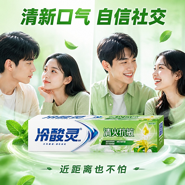 冷酸灵清火抗敏牙膏清新口气对比主图，社交场景风，商业摄影质感。左右分栏构图，左侧是年轻人近距离交谈微笑的场景，右侧是同款场景但人物表情愉悦，中间放置冷酸灵清火抗敏牙膏，背景浅绿渐变，有清新气流和薄荷叶元素示意。保持牙膏盒外观与原图一致，无变形色差。商品主体占比约35%，人物自然真实，画面满屏无边框。柔和自然光，整体明亮有社交自信感。画面顶部主标题"清新口气 自信社交"绿色大号粗体居中，底部文字"近距离也不怕"。1:1比例，超高清商业摄影质感。