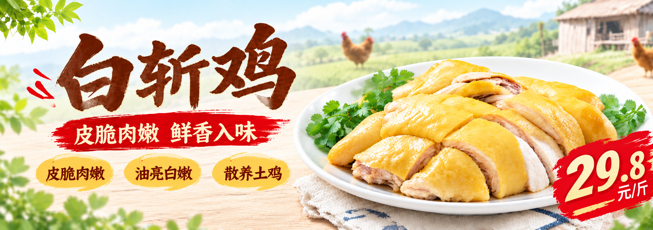 将背景颜色调淡，整体背景更浅更柔和，保持前景白斩鸡菜品、文字和… - 图片创意预览