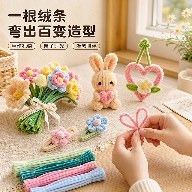 [主图-4] 彩色扭扭棒毛根条。主题为成品效果与使用场景，唯一任务是展示用扭扭棒制作的可爱情感类成品与手作场景代入感。
[统一基调] 整体为暖调手作治愈感与干净商品实拍结合；背景主色为暖米白与浅木色棉麻质感；标题字色为暖深棕，辅助文案为浅灰棕；强调色沿用产品本身的手工多色；字体统一用一种圆润无衬线黑体，仅通过字号大小区分层级；标签为圆角软标签，无厚重色块底板、无通栏边框、无多余装饰。
[画面] 暖光居家桌面场景，浅木桌面铺棉麻桌布，窗边自然光从右上方洒入；桌面整齐摆放四件扭扭棒成品：一束多色扭扭棒小花束、一只浅杏色扭扭棒小兔子、两个扭扭棒小发夹、一个小挂件；画面右下角出现一只自然的手部局部，中国年轻女性手部，正在把一根浅粉色扭扭棒弯成花瓣形状，动作轻柔自然，手指结构正常；产品与成品合计占比约70%。
[光影质感] 暖调自然光，柔和软光，桌面有温润的木纹高光与自然接触影，成品表面绒毛质感清晰。
[配色] 沿用统一基调，环境色为浅木、米白、棉麻，成品颜色与产品色系一致。
[文字版式] 画面左上方放主标题文字“一根绒条 弯出百变造型”，使用统一圆润黑体，字号最大最粗，横排，不遮挡成品与手部。
[输出要求] 1:1 方形，成品清晰，手部自然无畸形、无多余手指、无穿模，无变形、无错字、无模糊、无杂乱背景、无水印、无平台Logo。