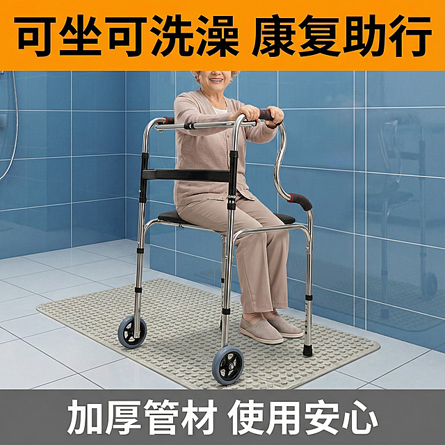 这张图片是产品主体这款产品是助行器  我需要设计20张主图在拼多多上面售卖    可以用 老年人行走 室内 室外 公园 等场景进行主图场景布局设计一个高级主图  一些主图文案内容  厂家直销 可推可坐 加粗加厚 轻便省力 承重力强 全年累计销量10W+ 高度可调整 双轮更稳  可坐可洗澡 承重可达300斤  真材实料 专为行动不便者设计 告别跌倒恐惧 重拾行走信心  康复助行 加厚管材  使用安心 双轮推行