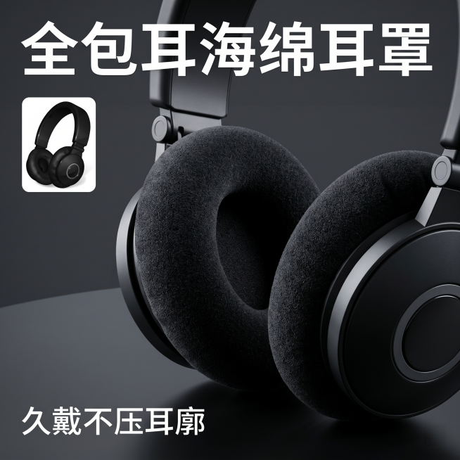 [主图 2] 全包耳海绵耳罩细节卖点主图。氛围风格为细节特写，突出舒适材质质感。画质要求商业摄影质感、微距清晰真实、画面干净高级。全黑头戴式蓝牙耳机海绵耳罩特写，保持产品材质颜色和结构与输入原图一致，预览效果