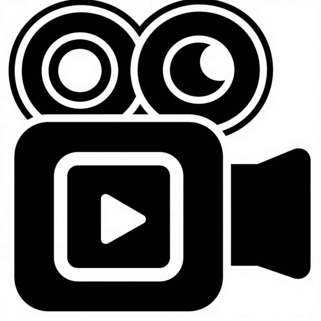 极简风格视频播放按钮图标，白色背景，黑色剪影式摄像机造型，正面视角，中央有白色三角形播放符号，顶部两个圆形元素，线条简洁流畅，扁平化设计，高对比度，无多余装饰，清晰的视觉层级，适合用作播放功能标识，现代简约设计感。预览效果