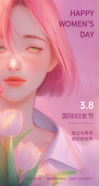 妇女节节日祝福通用唯美感全屏竖版海报预览效果