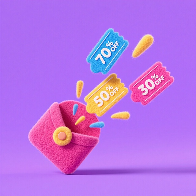 一个长方形红包打开处，喷出蓝、黄、粉色彩的三张优惠券，优惠券上分别标注有“70%OFF”““50%OFF”““30%OFF”，紫色背景