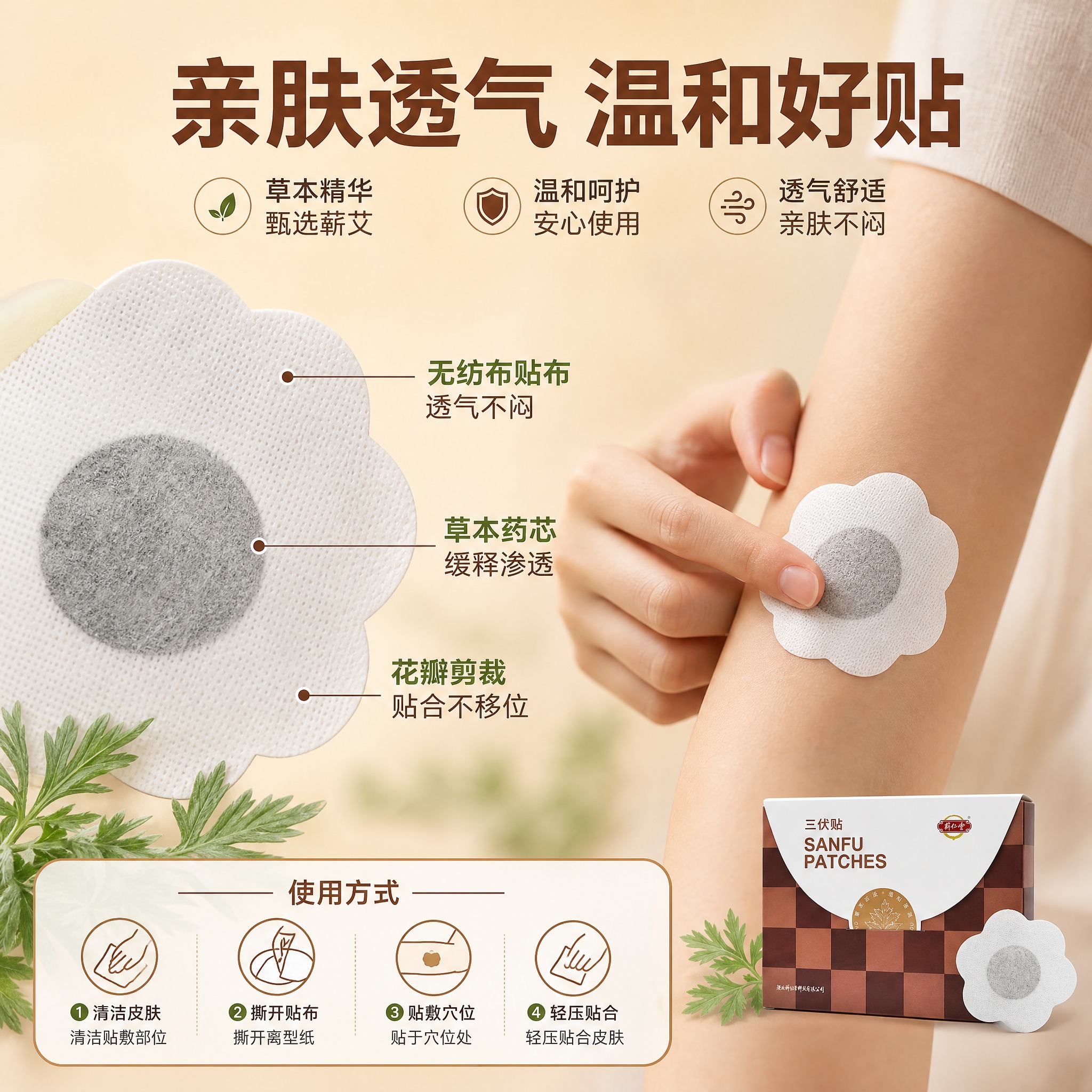 [主图-3] 蕲艾三伏贴 材质细节与使用方式 贴肤舒适展示 [… - 图片创意预览
